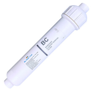 Inline Bone Char Fluoride Reduction Filter — 10″ × 2″, 1/4″ FPT with 2 QC Elbows — SKU CHAR-10-2
