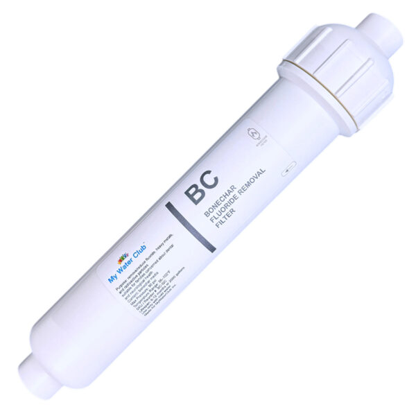 Inline Bone Char Fluoride Reduction Filter — 10″ × 2″, 1/4″ FPT with 2 QC Elbows — SKU CHAR-10-2