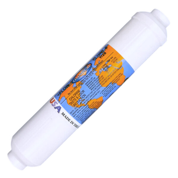 Omnipure T28 Inline Coconut GAC Pre-Filter — 10″ × 2″, NSF/ANSI 42, 1/4″ FPT with QC Elbows — SKU CL10ROT28-B
