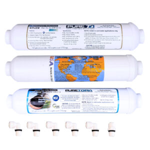 3-Filter Replacement Set for 4-Stage Basic Countertop RO Systems — 5-Micron Sediment, T28 & T33 Carbon with 6 Fittings — SKU 3FILTER1