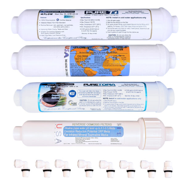 4-Filter Replacement Set for 5-Stage Alkaline Countertop RO Systems — Sediment, T28, T33 & 3-in-1 Alkaline with 8 Fittings — SKU 4FILTERAT1