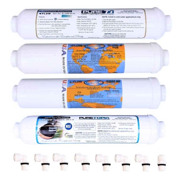4-Filter Replacement Set for 5-Stage UltraPure Countertop RO Systems — Sediment, T28, DI & T33 with 8 Fittings — SKU 4FILTER1