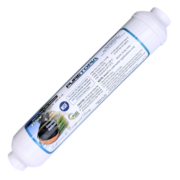 Inline Coconut-Shell GAC T33 Post Filter — 10″ × 2″, 1/4″ FPT with 1/4″ & 3/8″ Tubing Options — SKU IL-10W-C-14