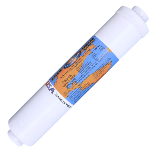 Omnipure Premium T33 GAC + KDF-55 Inline Post Filter — 10″ × 2″, 1/4″ FPT with 2 QC Elbows — SKU K2567-BB