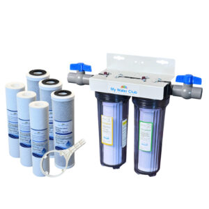 2-Stage Whole House Water Filtration System, 3/4″ Ports, 2 Shutoff Valves + 4 Filter Sets, SKU: WHSDUAL-1Y