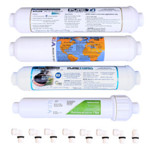 4 Filter Set for 5-stage Remineralization Countertop RO Systems, including Sediment, T28,  T33 and 4-in-1 Remineralization inline filters.  Compatible with most 5 Stage portable/countertop  RO purification systems. SKU: 4FILTERM1