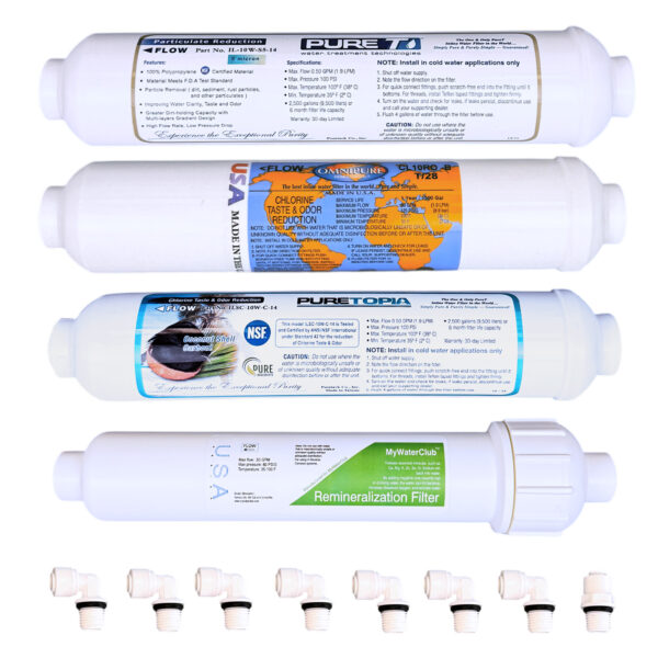 4 Filter Set for 5-stage Remineralization Countertop RO Systems, including Sediment, T28,  T33 and 4-in-1 Remineralization inline filters.  Compatible with most 5 Stage portable/countertop  RO purification systems. SKU: 4FILTERM1