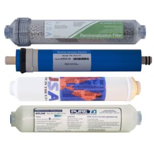 4 Filter Set for 4-stage Countertop RO Systems, including Sediment, Second Stage T28, 75 or 150 GPD RO membrane and 4-in-1 Mineral inline filter cartridges - Image 1