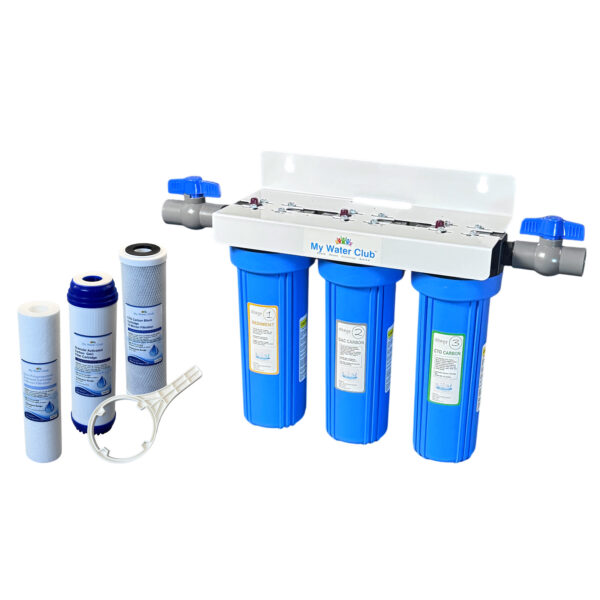 3-Stage Whole House Water Filtration System, 3/4″ Port with 2 valves and Extra 3 Filters Set, SKU# SKU: WHF-34F2