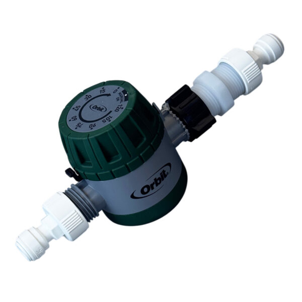 Inline Mechanical Water Shut-Off Timer — 15–120 Minutes, 3/8″ OD Tubing Kit — SKU TIMER-QC38