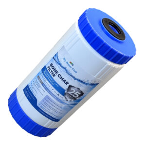 Bone Char Water Filter Cartridge Big Blue. Helps reduce fluoride, heavy metals, chlorine, taste and odor, 25 Micron, 10″ x 4.5″