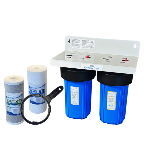 Dual Stage 10" x 4.5" Whole House Water Filtration System – 1" NPT, Pressure Release, Brass Inserts – Includes Sediment & CTO Carbon Block + Extra Filter Set, SKU# WHS-2SC-10BB-E