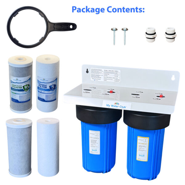 Dual Stage 10" x 4.5" Whole House Water Filtration System – 1" NPT, Pressure Release, Brass Inserts – Includes Sediment & CTO Carbon Block + Extra Filter Set, SKU# WHS-2SC-10BB-E