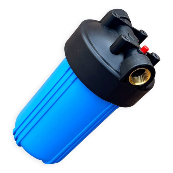 10″ × 4.5″ Big Blue Whole House Filter Housing — 1″ NPT Brass-Reinforced Ports, Pressure-Release Button — SKU HOUSING10BB