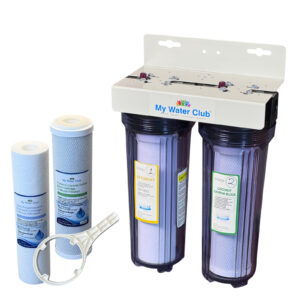 2-Stage (Dual Stage) Whole House Water Filtration System, 3/4" Port Inlet/Outlet, Semiclear Housing, with an Extra Set of Replacement cartridges, SKU: MWC-DUAL-CH34 - Image 1