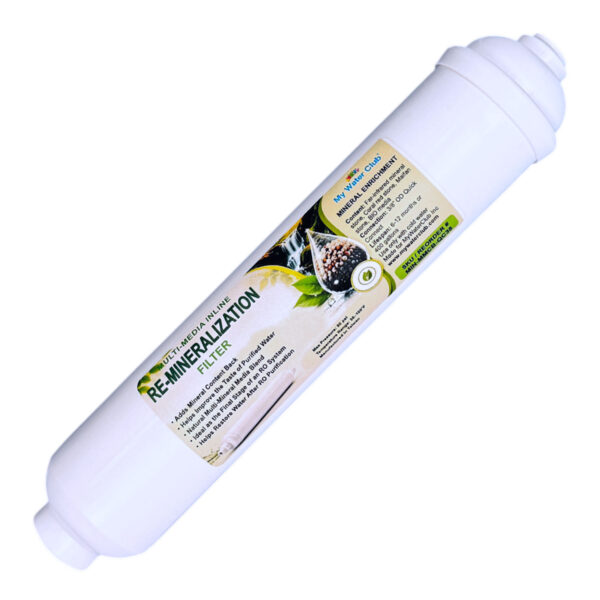 4-Media Remineralization Inline Filter — FIR Ceramic, Coral Red Stone, Maifan & Bioceramic, 10″ × 2″, 3/8″ QC — SKU MIN-MCB-QC38